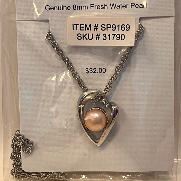 Genuine 8mm Fresh Water Pearl Silver Tone Heart Pendant 18" Adjustable Rope - Picture 8 of 8